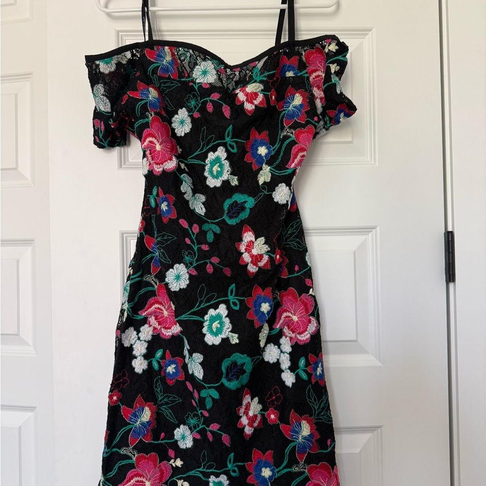 Guess Black One-Shoulder Floral Lace Dress with Pink & Green Embroidery